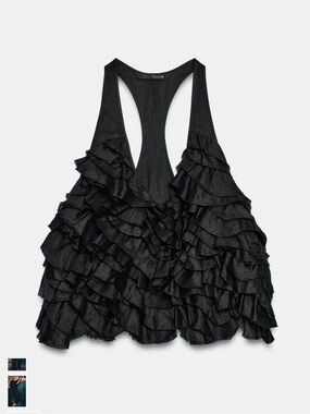 Zara ZW Black Ramie Ruffled Top